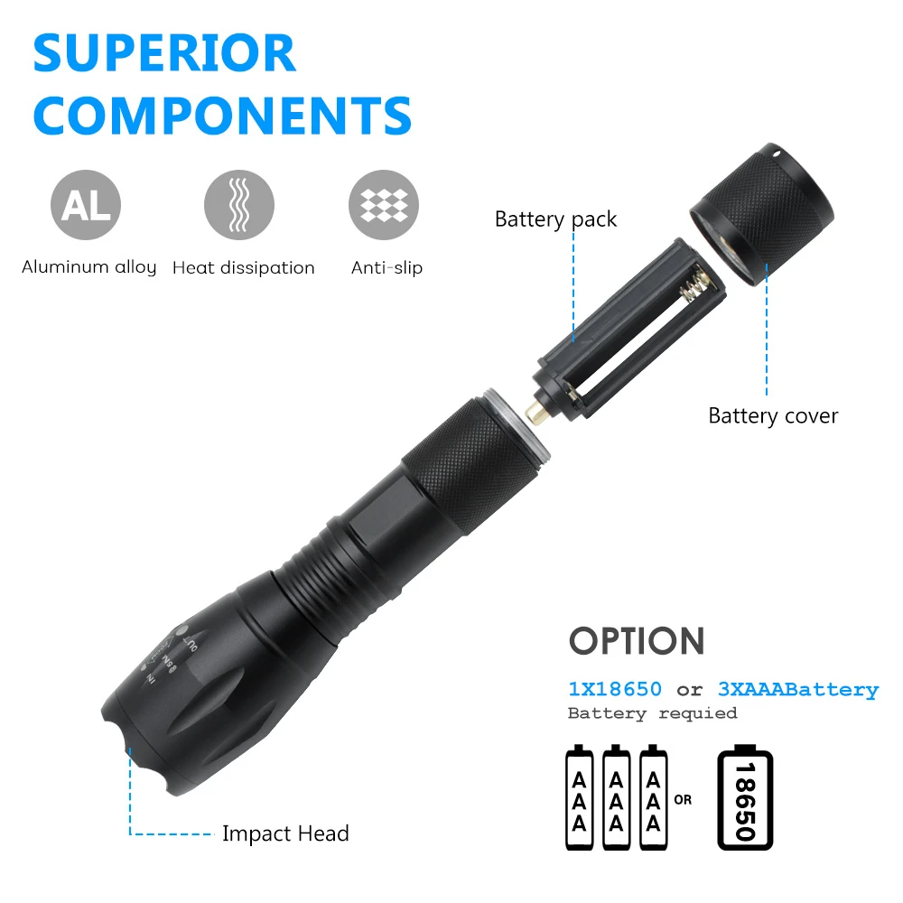 5 Modes Waterproof Zoomable Aluminium 1000lumen 18650 Battery USB Rechargeable Tactical 10W T6 Torch Led Flashlight