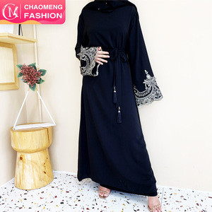 6371#Sliver Lace On Sleeve Plain And Simple Closed Loose Abaya With Wide Sleeves Abaya Maxi Dress