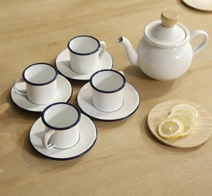A tea sets is one teapot and four mugs enamel tea and coffee sets