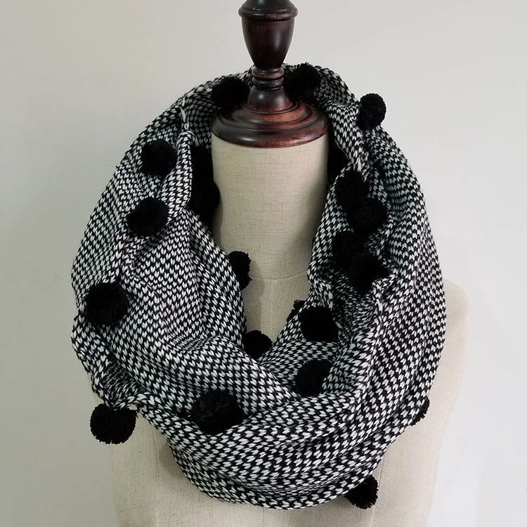 Acrylic Fabric Snood Neck Scarf with Small Pom Poms Trimming Snood