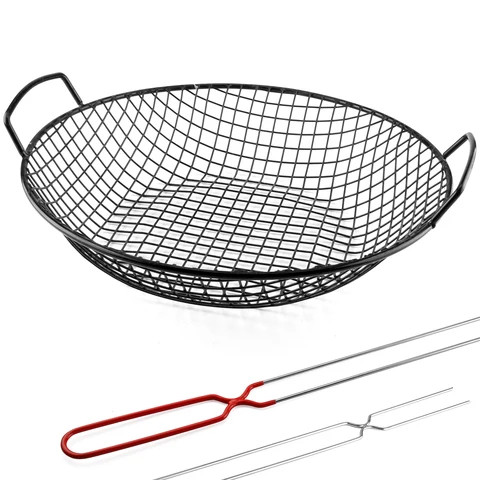 BQ-1190 Non-stick Wire Mesh Topper Frying Roasting Pan Portable Round Bbq Grill Basket