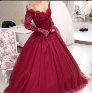 Bridal Picture Scalloped Neckline Tulle Lace Appliqued Red Ball Gown Wedding Dress With Illusion Long Sleeves