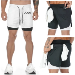 Camouflage Two Layer Workout Running Sports Shorts Men Athletic Fitness shorts with Phone Pocket