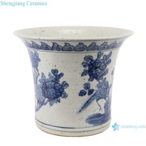 Ceramic Blue and White Hand Printed Pheasant Porcelain Barrel Flower Pot