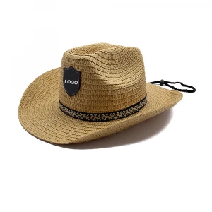 Cheap adjustable drawstring decorate paper straw curved brim kids cowboy hats