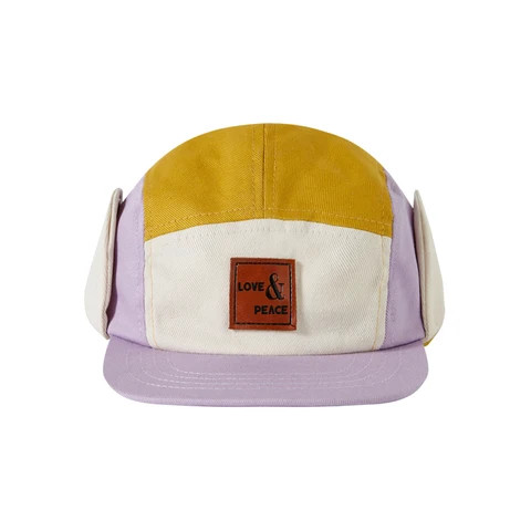Colorful Block Unconstructed 5 Panel Camp Cap Hat Wholesale Leather Patch Kids Hat With Ear Flaps