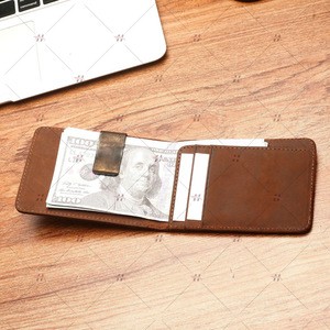 Crazy horse leather money clip business credit card holder RFID blocking minimalist bifold mens wallet