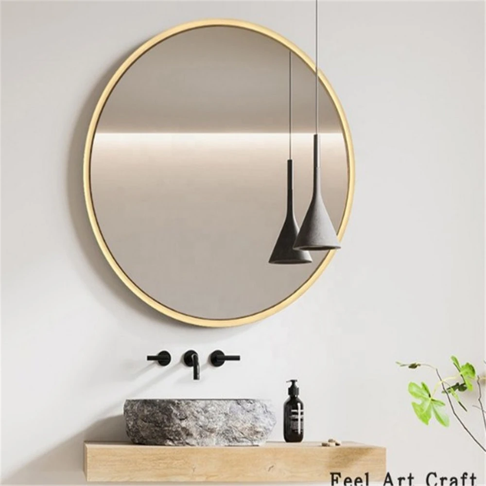custom cut size shape gold metal frame round mirror for hotel bedroom