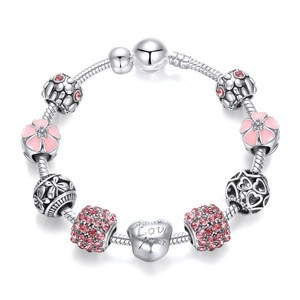 DIY Jewelry Pink Flower Enamel Beads Charms Bracelet Bangle For Lady