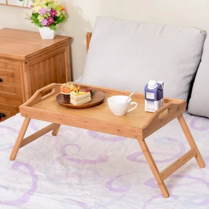 Eco-Friendly  Rectangle Natural Bamboo Bed Breakfast Serving Tray Portable Stand Desk Bed Tray with Foldable Legs