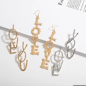 European Stylish Textured Metal Gold Plated Long Love Hook Earrings Letter LOVE YOU Stud Earrings