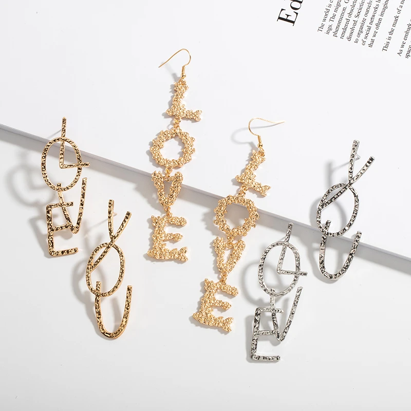 European Stylish Textured Metal Gold Plated Long Love Hook Earrings Letter LOVE YOU Stud Earrings