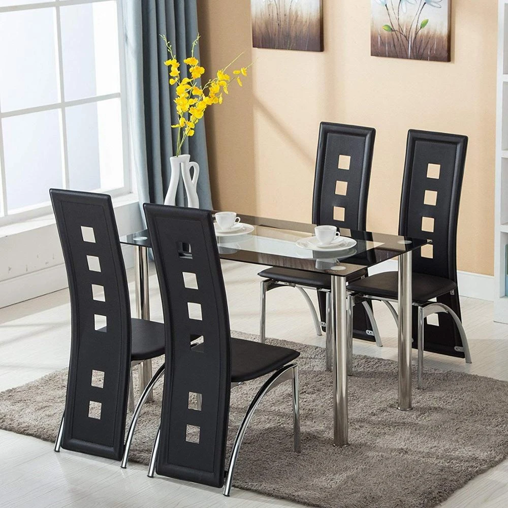Factory Price Heavy Duty Dining Tables Set  Glass Top Table and 4 Leather Chairs Kitchen Furniture