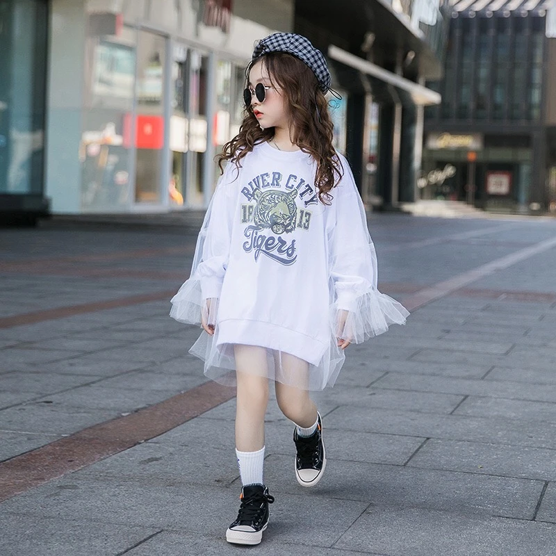 fall fashion loose one piece letter printed mesh girls&#x27; dresses kids clothes for girls
