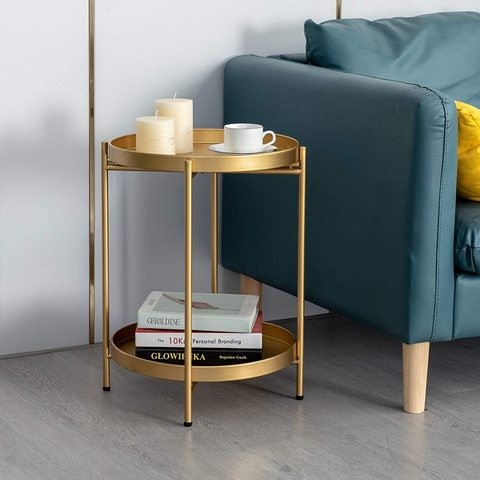 Folding Gold Metal End Table 2-Tier Round Side Table with Removable Tray