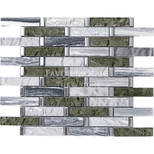 Foshan Long Strip Crystal Glass Mosaic tile  mix marble mosaic Foil laminated Glass Mosaic Wall Tile