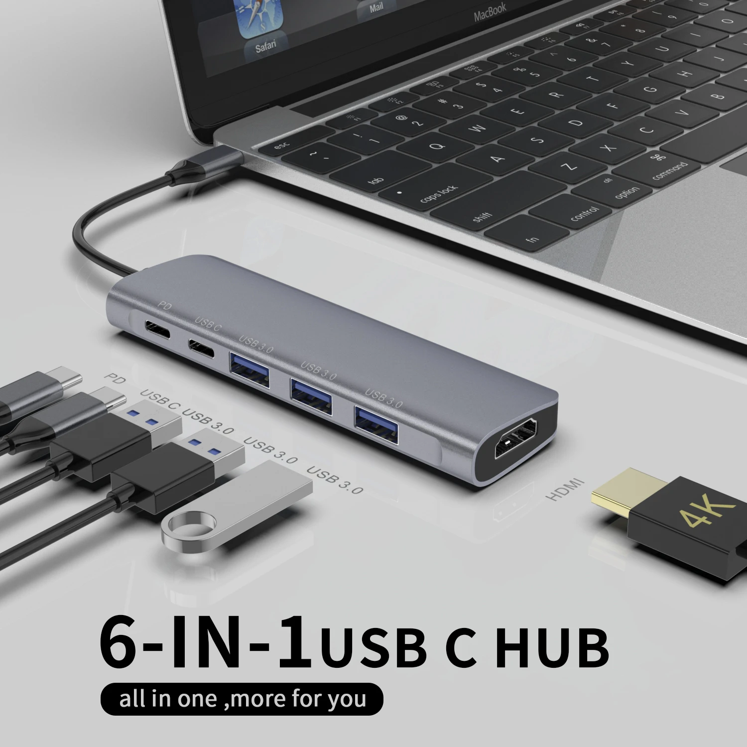 hot sale 6 in 1 USB Type C Hub 6 port 4K Multimedia Hub with 60W Power Delivery3.0 SD TF Card Reader and 2*USB3.0 Ports