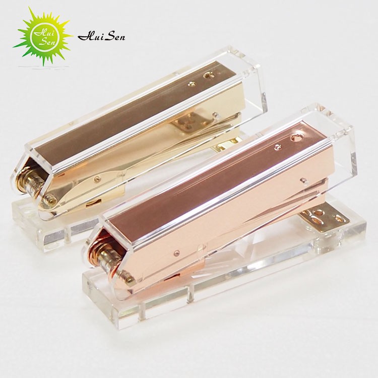 Huisen high quality antique branded promotional fancy clear acrylic plastic office supplies rose gold big paper stapler