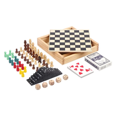 kindergarten portable fashion casual Domino Playing cards wooden chess board 5 in 1 toy game set