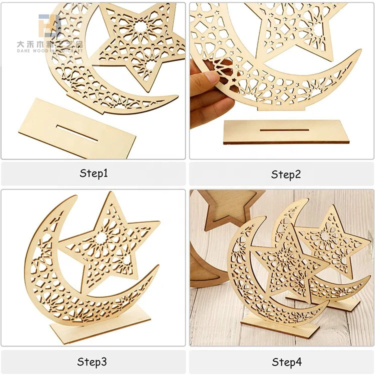 Laser Cut Ramadan Eid Wood Craft Handmade 3D Ornament Wooden Moon Ramadan Mubarak Decorations Home Party Bedroom Ornaments Gift