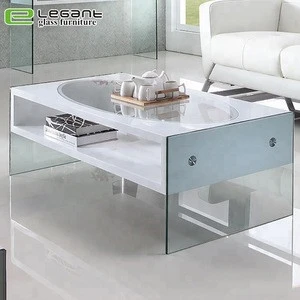 Living room wooden white high gloss MDF drawer glass coffee table