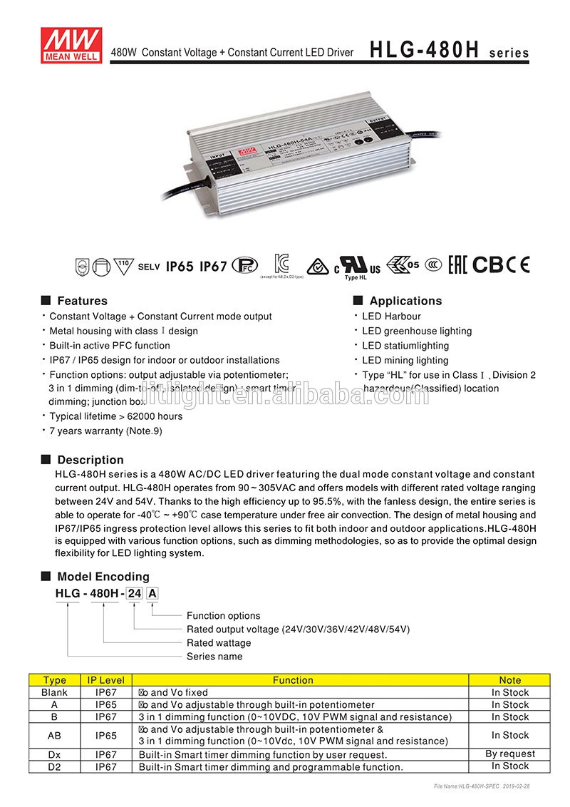 Meanwell HLG 320H series HLG-320H-48b HLG-320H-C1400b IP65 IP67 dimmable 320W power supply led driver