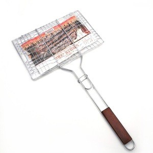 Meat grill basket 430 stainless steel with wooden handle supplies grilled beef steak roasted buffalo fish clamp net BBQ tools