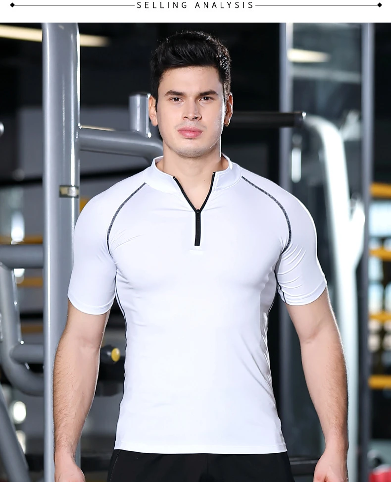 mens new plus size fitness wear high elastic tight quick-drying sportswear collar half zipper training & jogging wear
