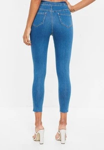 Mid blue hue feature high waisted fit stretch denim fabric jeans petite fit skinny cotton denim jeans for women
