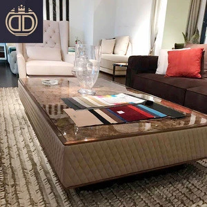 modern luxury antique glass coffee table with marble top and leather frame