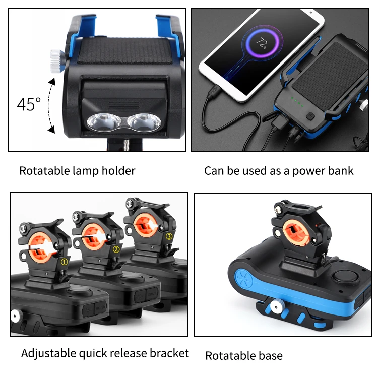 Multi-function 4 in 1 Bike Light Outdoor Waterproof Horn Phone Holder Power Bank Speaker USB Rechargeable LED Bicycle Light