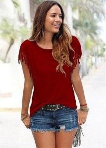 MY-011 2018 New fashion women shirts plain color cotton blouse with tassels short sleeve wholesale casual tops OEM