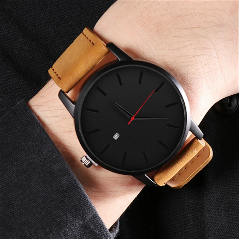 New Sports Watch Men Leather Calendar Quartz Wristwatch Male Leather Wrist Watch