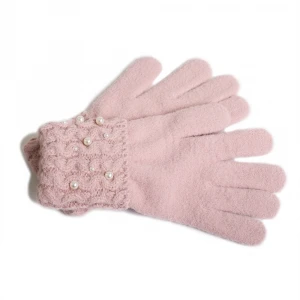 OEM warm solid stretch full finger with pearl decoration women knit gloves winter mittens