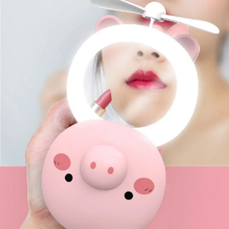 Pink Pig Cartoon Compact Hand Pocket Fan Make Up Mirror With LED Light
