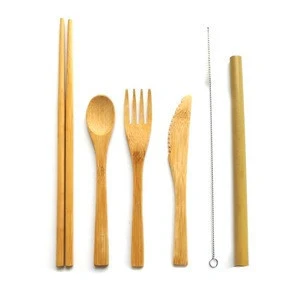 Portable bamboo travel cutlery set with stainless straw--reusable bamboo flatware set for kids and adults