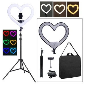 Portable dimmable 19 inch heart-shaped RGB studio photography photo makeup selfie LED rainbow ring light with tripod stand