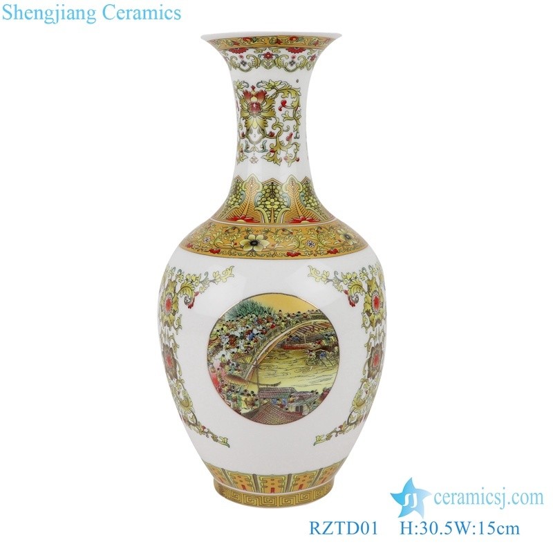Rztd01-02-03 Jingdezhen Riverside Scene at Qingming Festival Pattern Yellow Glaze Small Ceramic Vase
