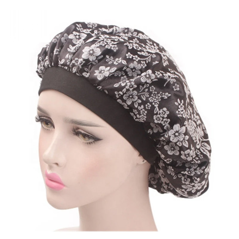 Satin Shower Caps Sleeping Hair Cap printing gold flower Satin Hairs Bonnet Fashion Comfortable Women black Shower hat