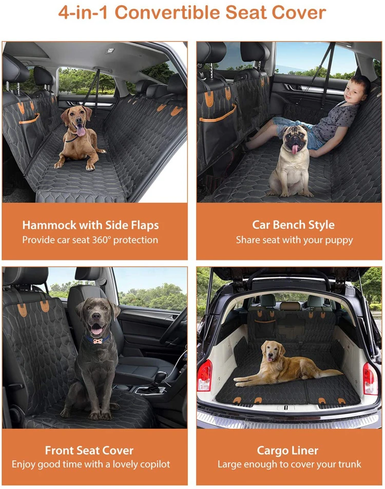 Scratchproof 4-in-1 Pet Dog Car Seat Cover Convertible Dog Hammock with 2 Seat Belts for Back Seat Protector