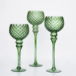 Set of 3 Hurricanes, Green Trimmed Clear GLass Candle holders with stem