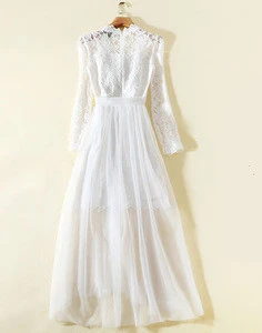 Sexy White Lace Deep V-neck Long Sleeve Sweep Tulle Woman Wedding Gown Dress for Prom