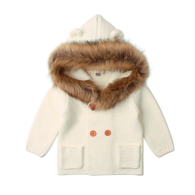 SF0439 Wholesale Baby Clothes children boys knitted jacket with raccoon fur collar