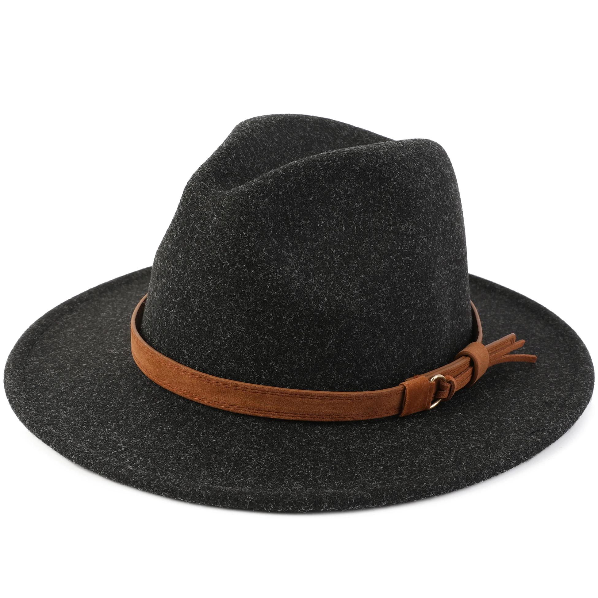SH-1024 Wool Felt Men Women Classic Vintage Belt Buckle Wide Brim Fedora Hat
