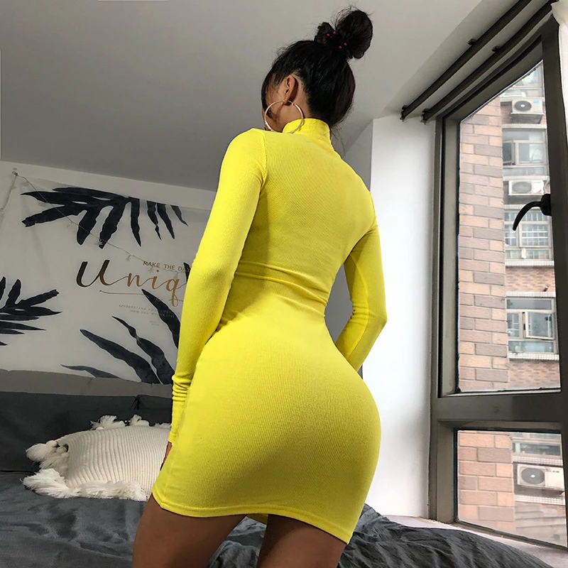 Slim high-neck long-sleeved hip dress women home solid color base party bed womens dresses and skirts