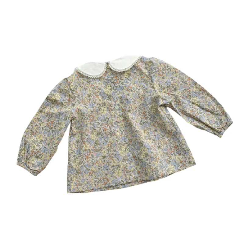 Spring Cute Baby Girl Loose Shirts Long Sleeve Cotton Floral Lace Lapel Shirt