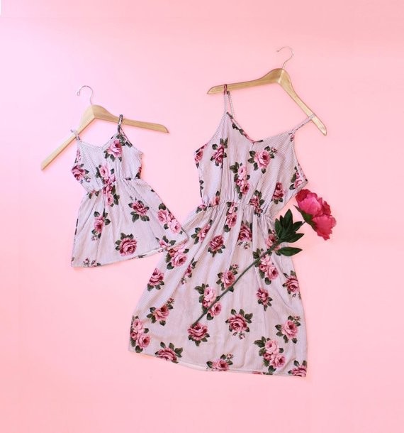 Spring Exclusive Pink Cute Mom and Baby Matching Floral Print Dress/Boho Family Look Mother &amp; Daughter Holiday Summer Outfit