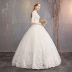 Spring New Arrival Elegant Plus Size Three Quarter Sleeve Ivory Lace Flower Floor length Ball Gown Wedding Dress
