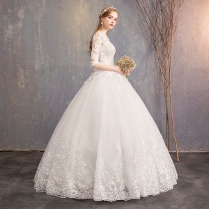 Spring New Arrival Elegant Plus Size Three Quarter Sleeve Ivory Lace Flower Floor length Ball Gown Wedding Dress