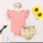 Summer Baby Girls Clothing Set 3pcs Infant Cotton Floral Suit Kid Clothes Suit With Headband